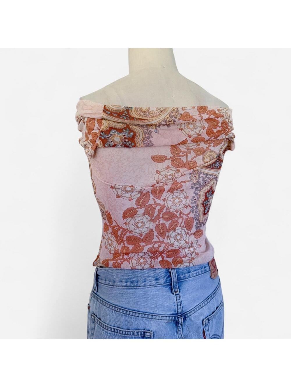 Vintage Y2K Pink Paisley Floral Mesh Off The Shoulder Top in Blush - Picture 4 of 6